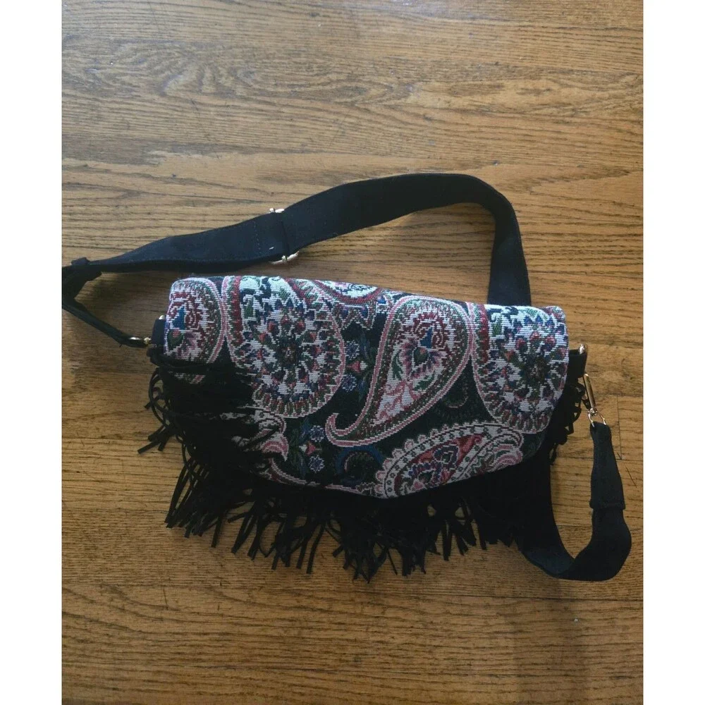 Anthropologie Crescent Fringe Tapestry Sling Bag Rare Sample NWOT